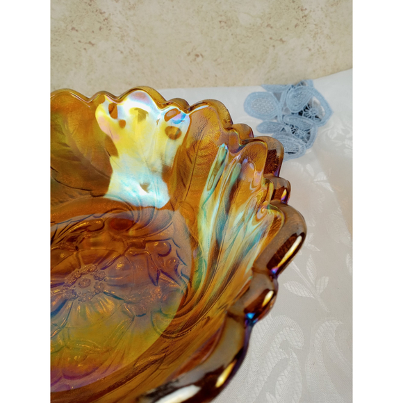 Indiana Glass Flower & Leaf Marigold Carnival Scalloped Footed Serving Bowl 9" - Picture 5 of 12